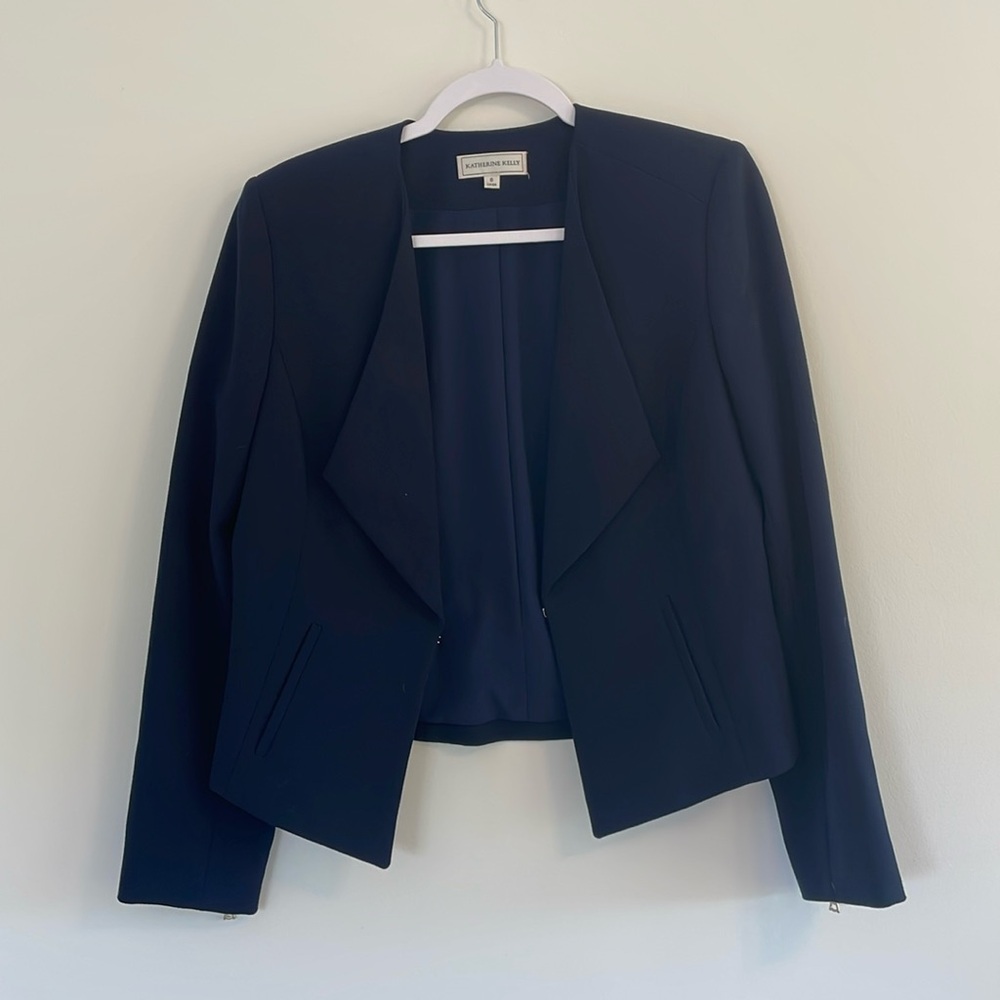 Navy Katherine Kelly, Size 8 Blazer, single clasp, zipper details